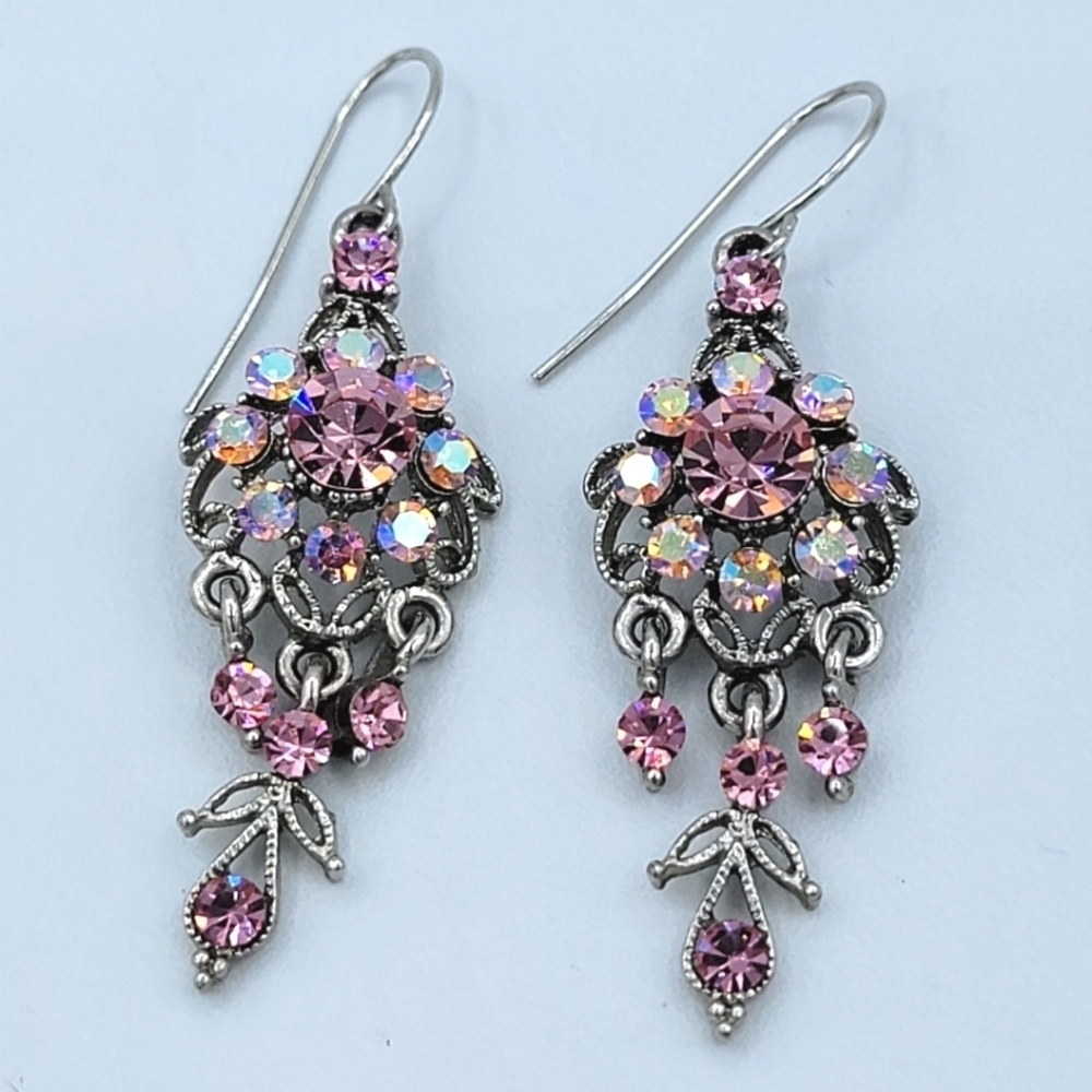 Ornate Silvertone Earrings With Pink Crystals #1811